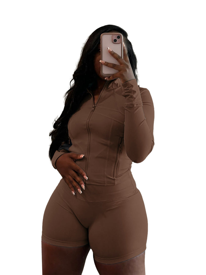 Spring Sports Tight Long Sleeve Shorts Two Piece Set