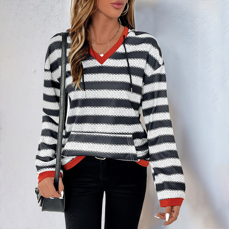 Clothing Contrast Color Striped Sweatshirt Autumn Pullover Hooded Top