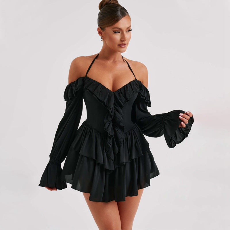 Clothing Autumn Halter Low Cut Ruffled Long Sleeve Romper