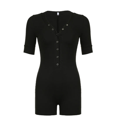 Street Color Basic Slim V Neck Single Row Buckle Mid Sleeve Jumpsuit