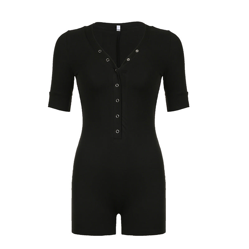 Street Color Basic Slim V Neck Single Row Buckle Mid Sleeve Jumpsuit
