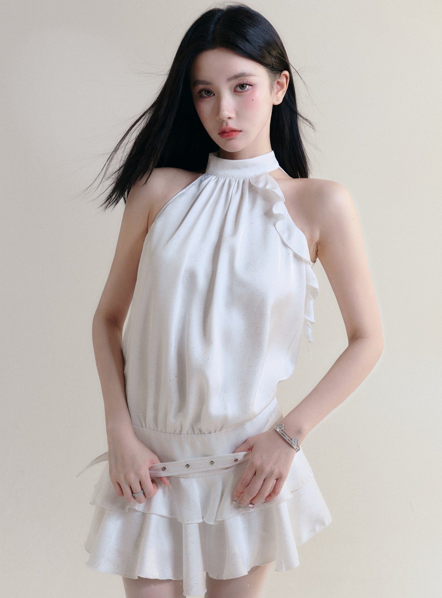 Fragile Heart White Halter Neck Ruffle Mini Dress With Belted Waist