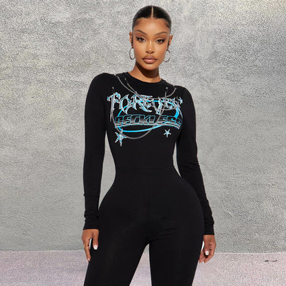 One Piece Clothing Print Round Neck Long Sleeve Stretchy Slim Fit Tight Jumpsuit