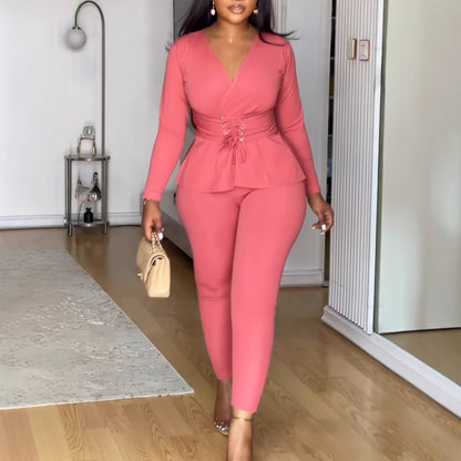 Color V Neck Waist Tight Stretch Long Sleeve Blouse Two Piece Pants Sets