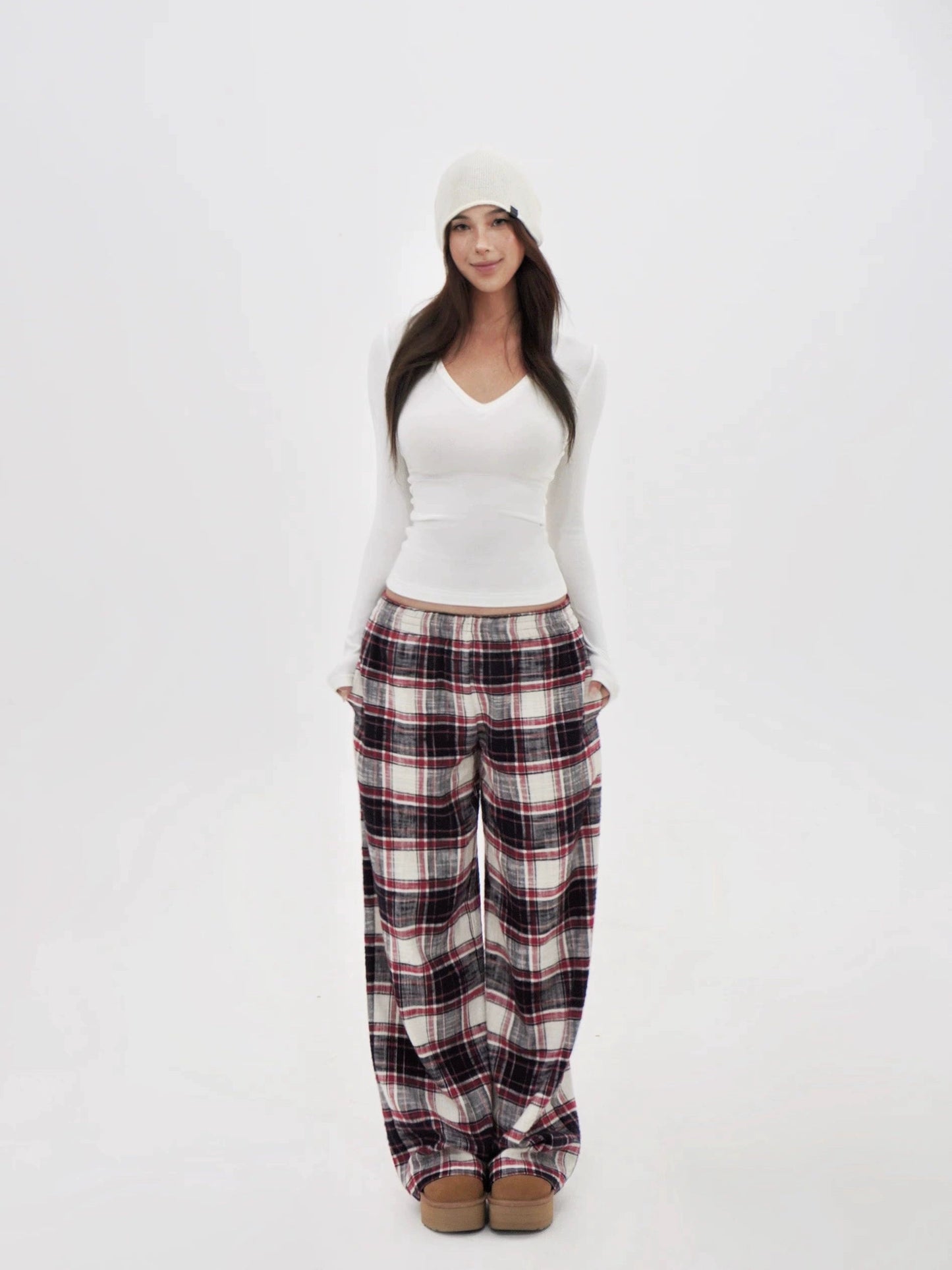 Red Plaid Wide-leg Floor-length Pants