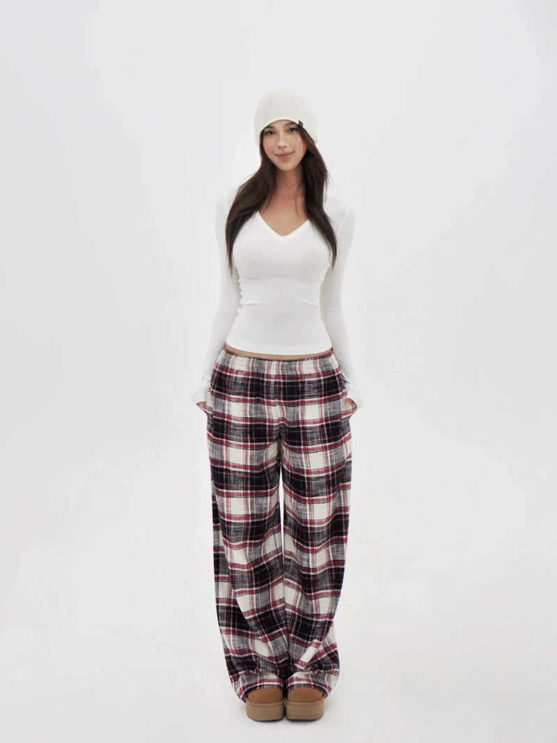 Red Plaid Wide-leg Floor-length Pants
