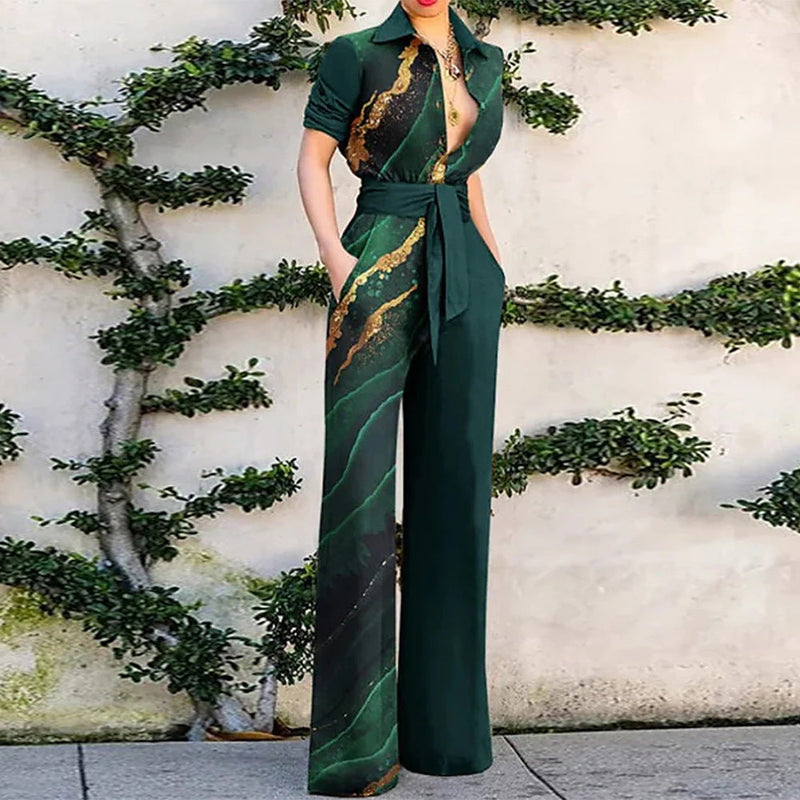 Autumn Winter Clothing Printed Long Sleeve Collared Loose Jumpsuit