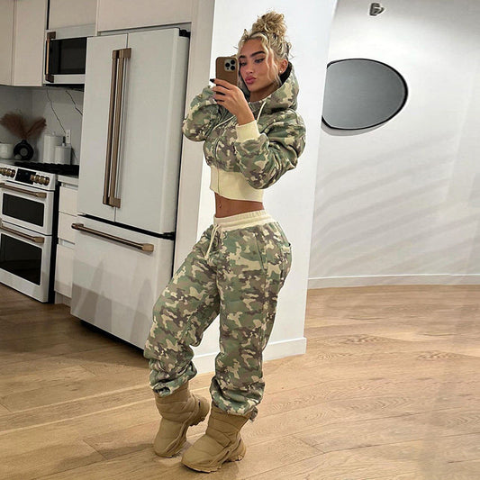 Contrast Color Cinched Hoodie Long Sleeve Sweatshirt Sweatpants Two Piece Camouflage Cardigan Coat Trousers Sets