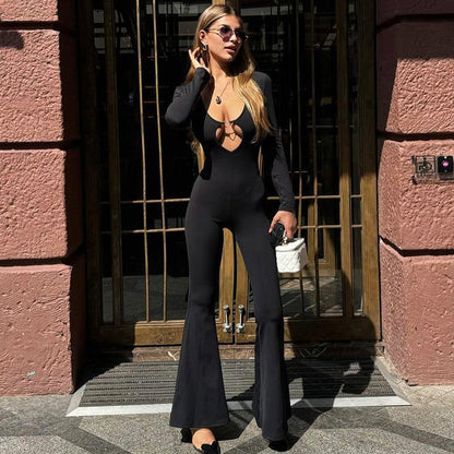 Clothing Autumn Color Long Sleeve Flared Pants V Neck Skinny Jumpsuit