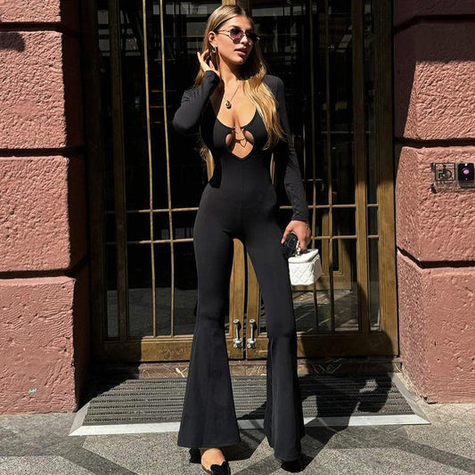 Clothing Autumn Color Long Sleeve Flared Pants V Neck Skinny Jumpsuit