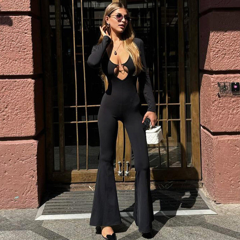 Clothing Autumn Color Long Sleeve Flared Pants V Neck Skinny Jumpsuit