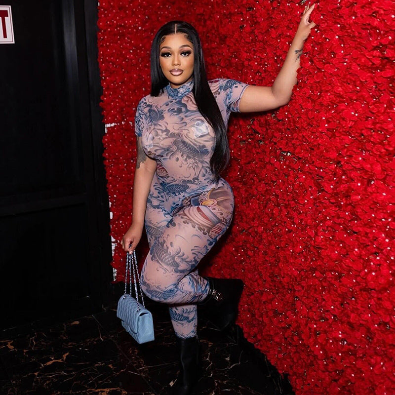 Summer Clothing Backless Printed Sheer Mesh Jumpsuit for