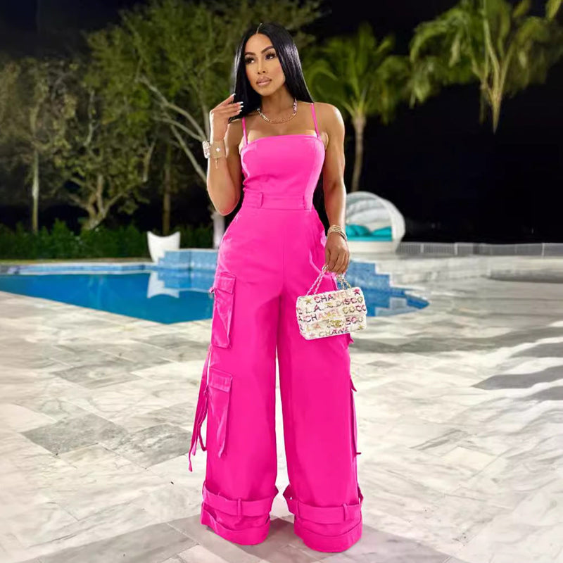 Clothing Tube Top Multi Pocket Workwear Jumpsuit Wide Leg Jumpsuit