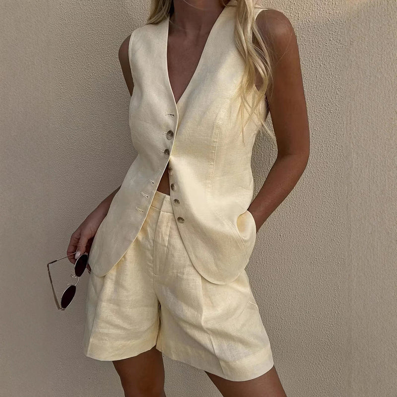 Cotton Linen Vest Shorts Set Summer Office Vest Shorts Set