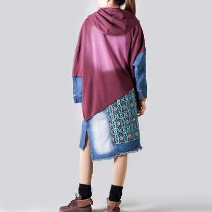 Patchwork Hooded Sweater Mid Length Retro Slimming Printed Pullover