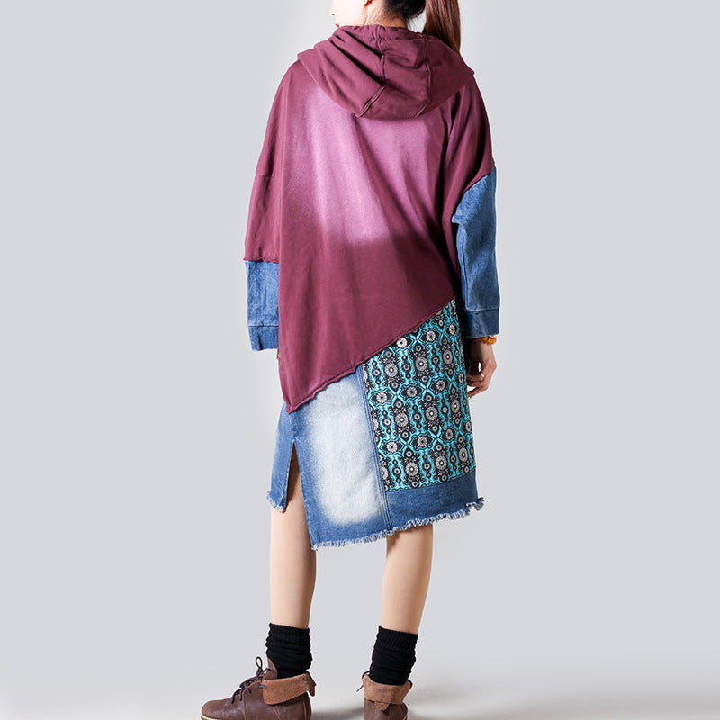 Patchwork Hooded Sweater Mid Length Retro Slimming Printed Pullover