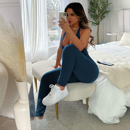 Summer V Neck Tether Halter Pleated Backless Sports Slim Fitting Jumpsuit