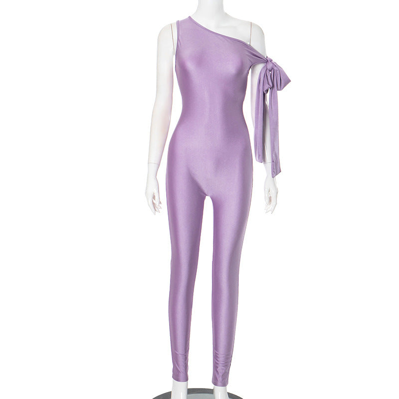 Clothing Summer One Shoulder Twisted Asymmetric Tight Jumpsuit