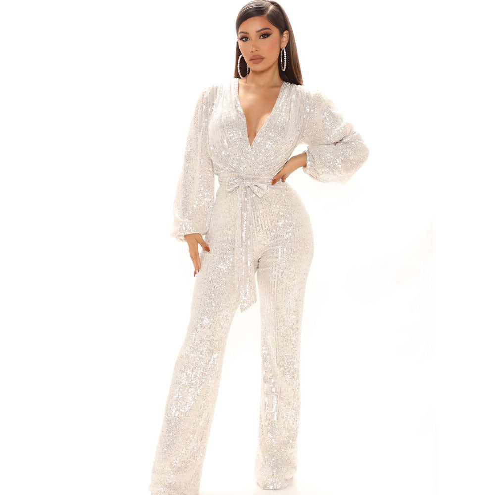 Fall Winter Slim V Neck One Piece Wide Leg Pants