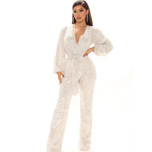 Fall Winter Slim V Neck One Piece Wide Leg Pants