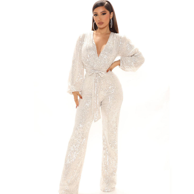 Fall Winter Slim V Neck One Piece Wide Leg Pants