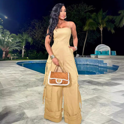 Clothing Tube Top Multi Pocket Workwear Jumpsuit Wide Leg Jumpsuit