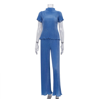 Spring Slimming T Shirt High Waist Blue Pleated Wide Leg Pants Clothing Suit