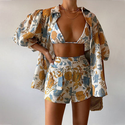 Spring Loose Printed Shirt Camisole Shorts Three Piece Set