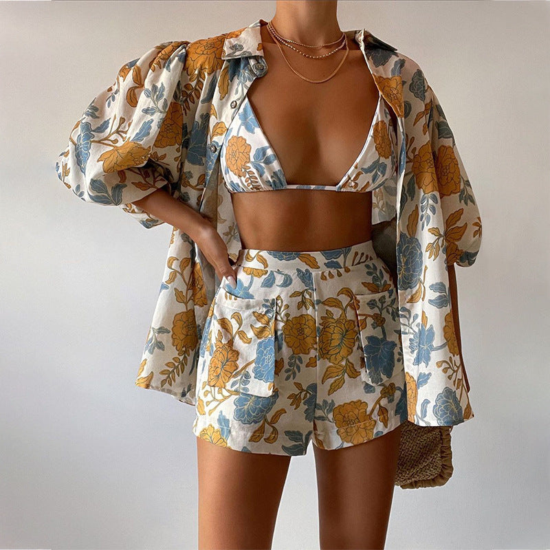 Spring Loose Printed Shirt Camisole Shorts Three Piece Set