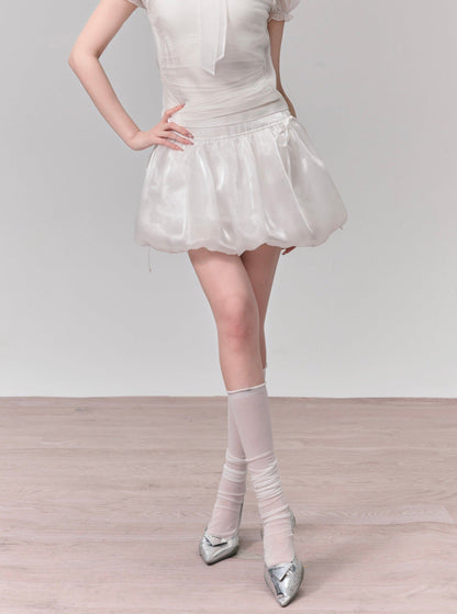 Ethereal White Summer Set: Puff-sleeve Crop Top & Scalloped Tie-side Mini Skirt