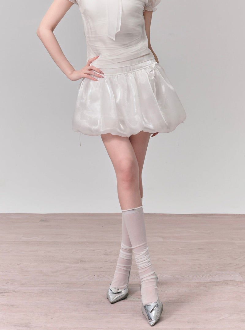 Ethereal White Summer Set: Puff-sleeve Crop Top & Scalloped Tie-side Mini Skirt