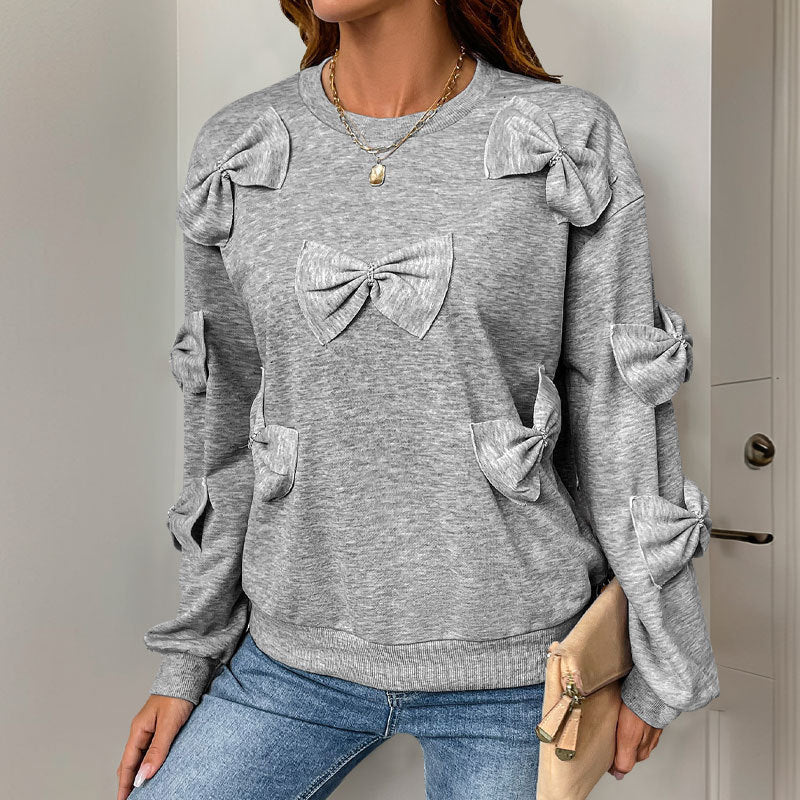 Autumn Bow Stitching Gray Round Collar Sweatshirt