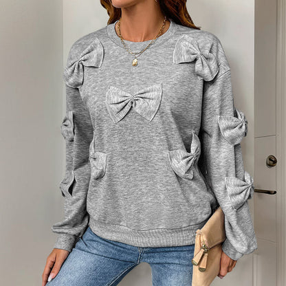Autumn Bow Stitching Gray Round Collar Sweatshirt