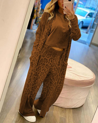 Spring Leopard Print Long Sleeve Cardigan Trousers Suit Two Piece Set for
