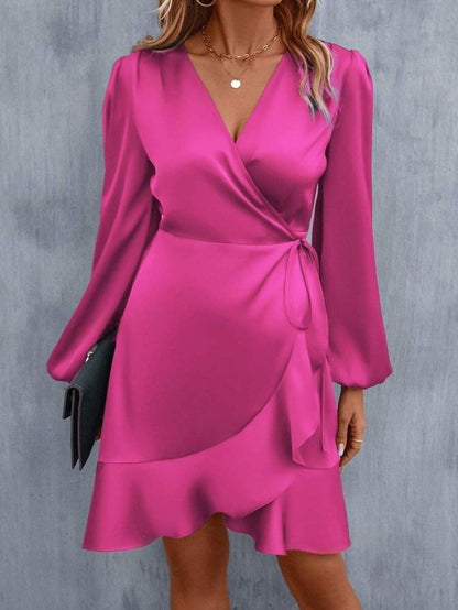 V Neck Dress Satin Waist Tight Low Cut Midi Dress Sweet Clothing