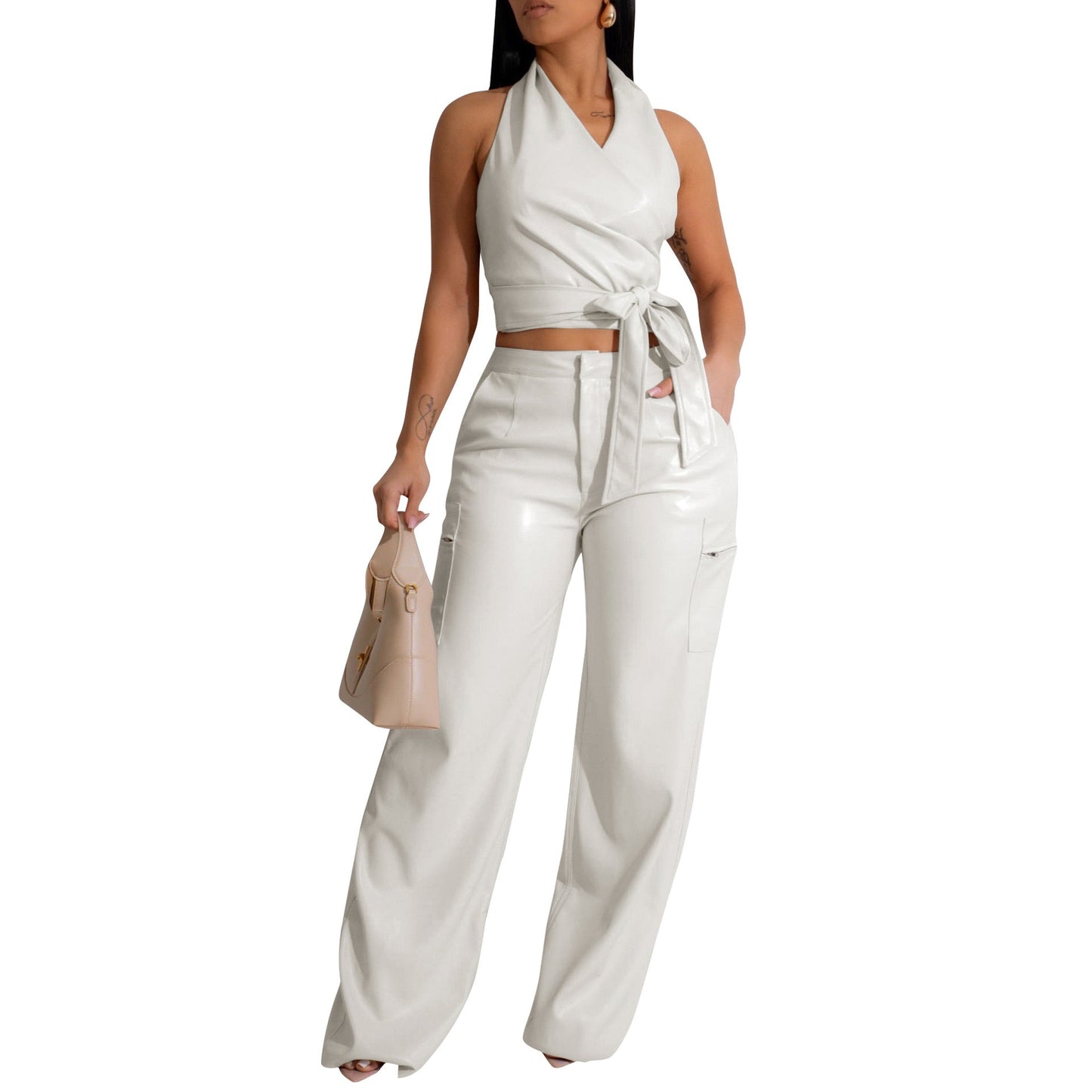 Clothing Faux Leather Sleeveless Halter Leather Pants Two Piece Summer