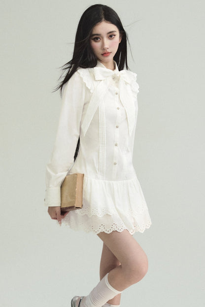 Romantic White Lace Mini Dress With Bow Tie Collar and Scalloped Hem