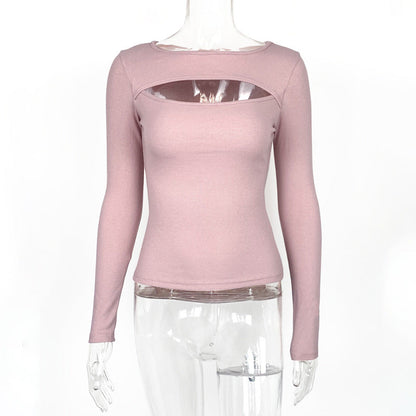 Clothing Autumn Winter Chest Hollow-out Long-sleeved Top Stretch Rib T-shirt for