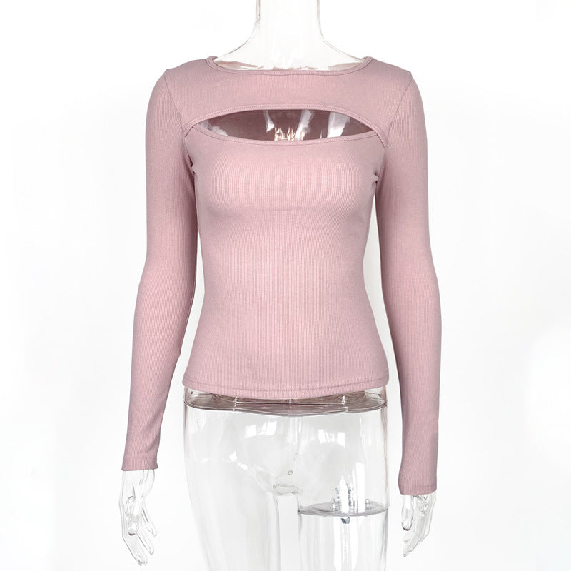 Clothing Autumn Winter Chest Hollow-out Long-sleeved Top Stretch Rib T-shirt for
