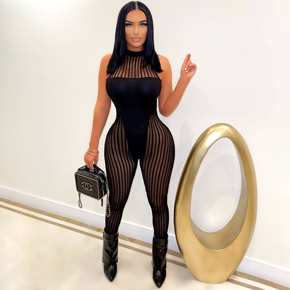Bold Stripes Mesh See-through Sleeveless Round Neck Jumpsuit for