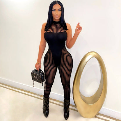 Bold Stripes Mesh See-through Sleeveless Round Neck Jumpsuit for