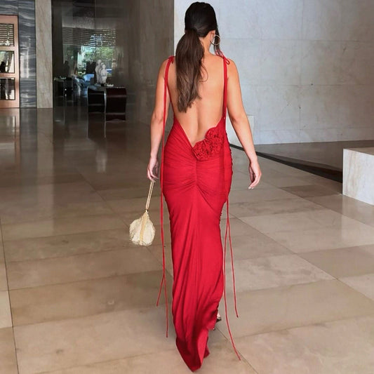 In Clothing Summer Backless Pleated Lace Up Maxi Dress