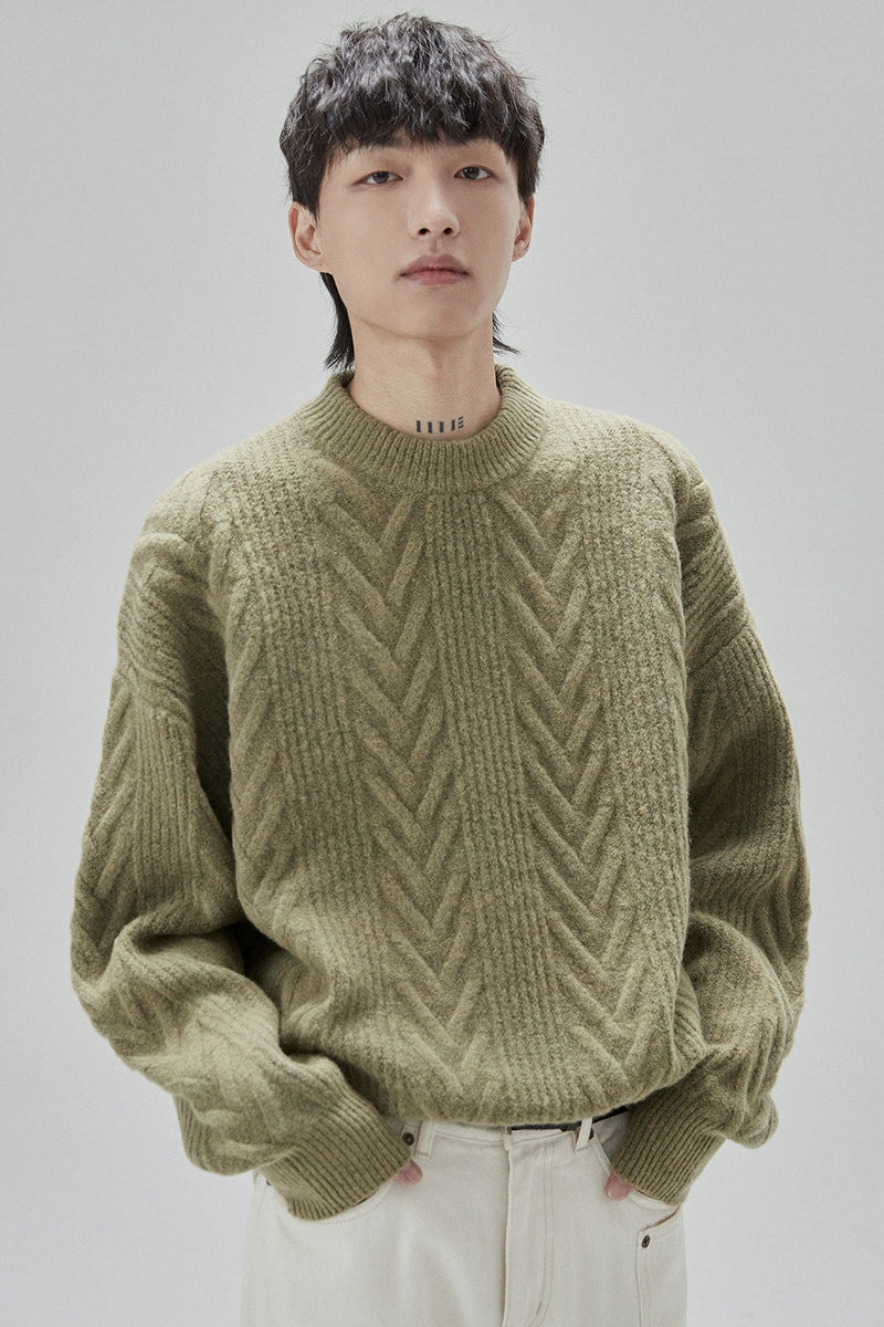 Cream Cable Knit Sweater With Chevron Pattern