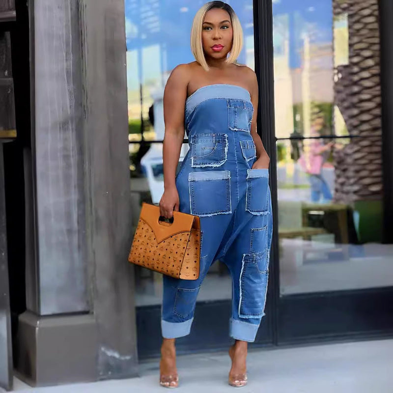 Denim Cargo Pants Multi Pocket Stitching Washed Loose Sleeveless Jumpsuit