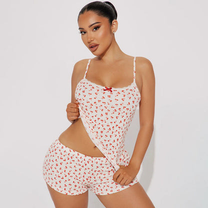 Little Cherry Print Stitching Lace Girl Pajamas Pajamas Shorts Two Piece Set