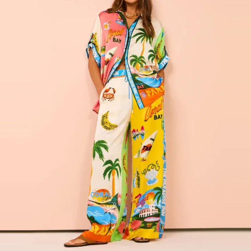 Summer Clothing Multicolor Printing Elastic Waist With Pocket Wide Leg Pants Set