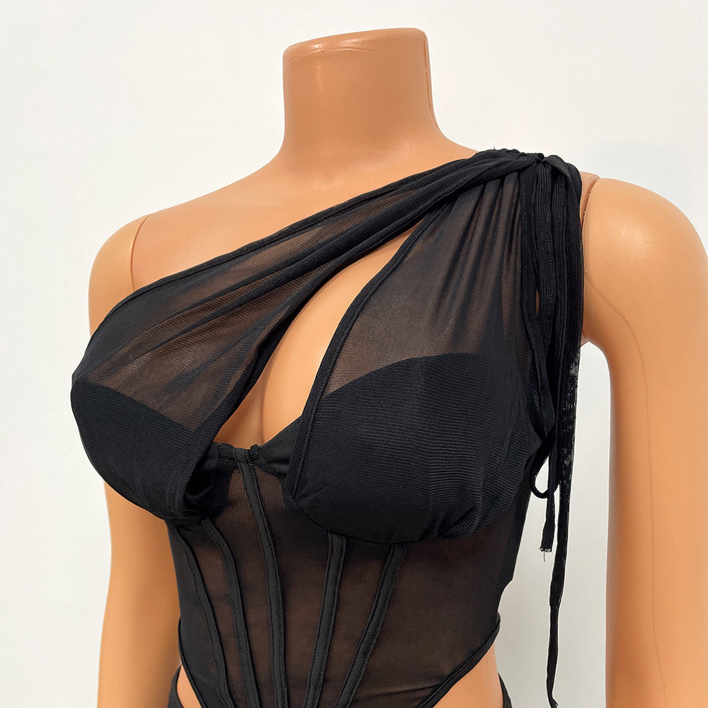 Clothing Mesh See-through Irregular Asymmetric Top Two-piece Set