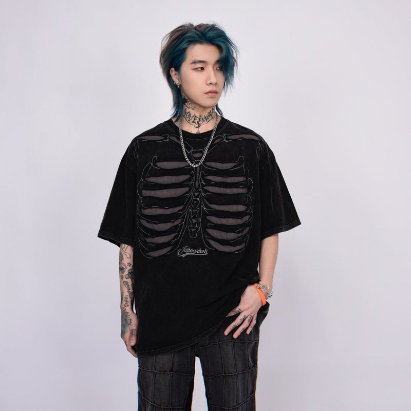 Skeleton Ribcage Mesh Cutout Oversized T-shirt