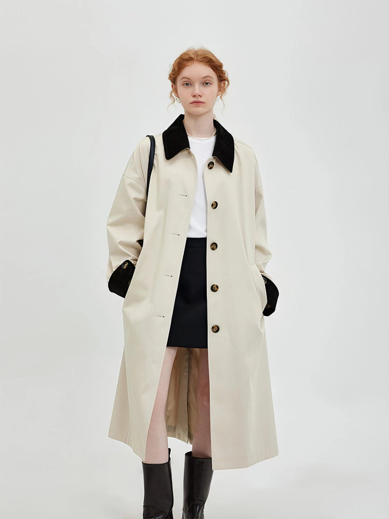 New Retro Color-block Long Trench Coat