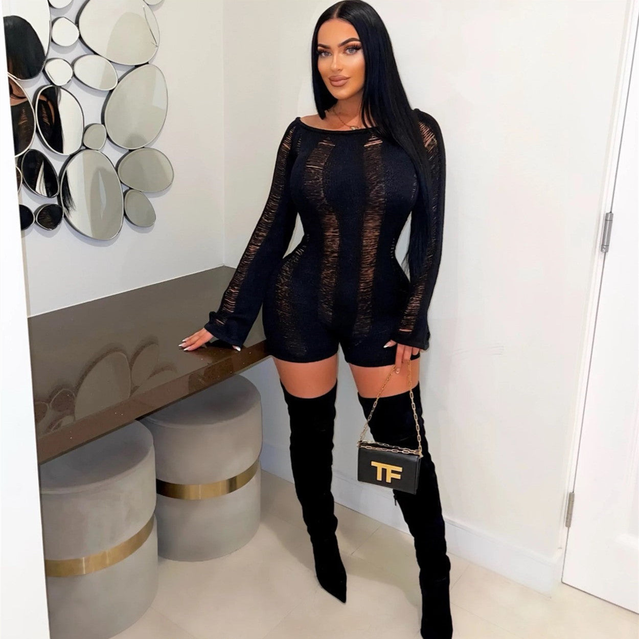 Plaid Short Sleeve Collared Tight Jumpsuit Knitted Short Romper